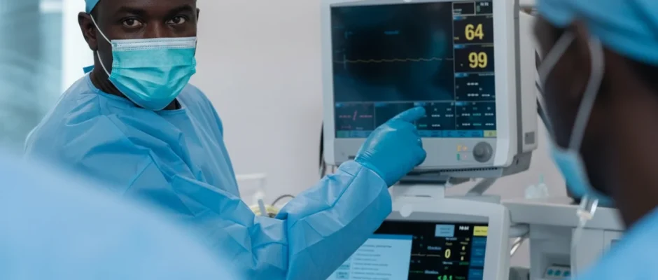 Ghanaian doctor pointing to medical imaging device in Accra hospital – visual context for Ghana medical equipment tax waivers