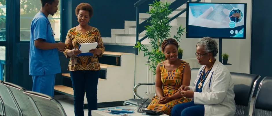 A doctor in a white coat consults a patient in a Ghanaian hospital waiting area, with a nurse and a second patient visible in the background.