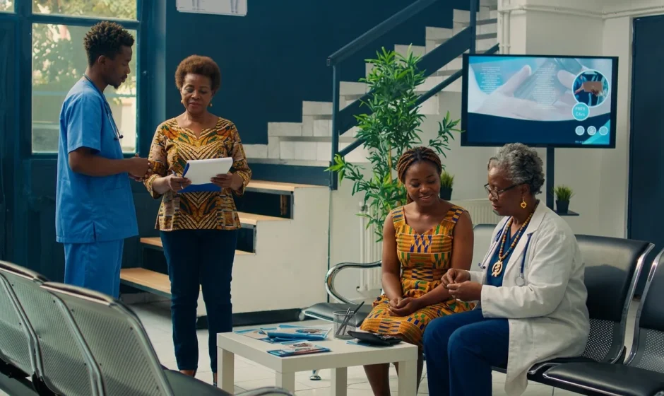 A doctor in a white coat consults a patient in a Ghanaian hospital waiting area, with a nurse and a second patient visible in the background.