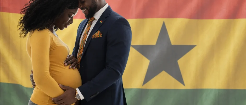 Giving birth in Ghana concept showing expectant couple with Ghana flag background