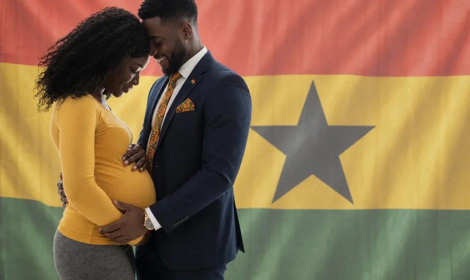 Giving birth in Ghana concept showing expectant couple with Ghana flag background