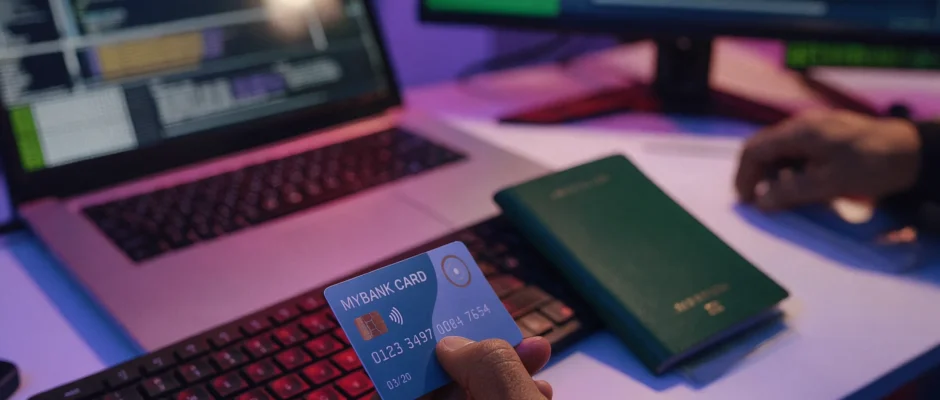 Ghana passport and bank card during an online visa application, illustrating the Ghana Embassy Washington scandal