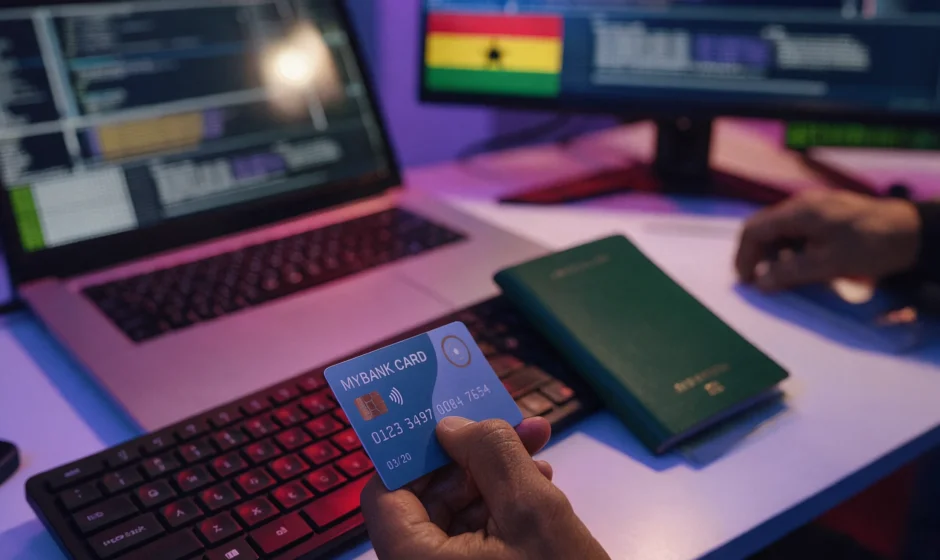 Ghana passport and bank card during an online visa application, illustrating the Ghana Embassy Washington scandal