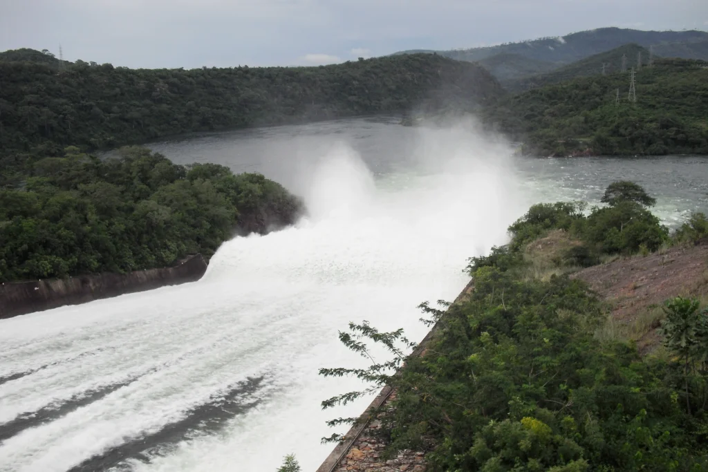 The water is spilled from the Akosombo Dam through 4 floodgates out of 12 because of the dangerously high water level in