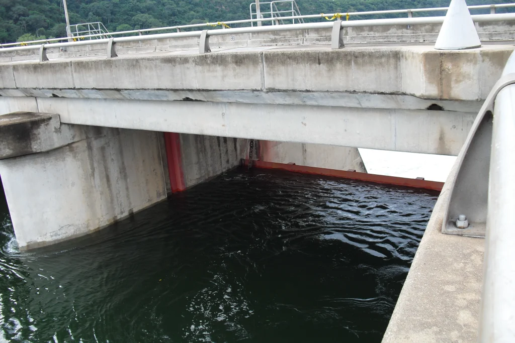 One of the floodgate out of the 12 at Akosombo Dam. The water level in the reservoir is dangerously high, therefore some
