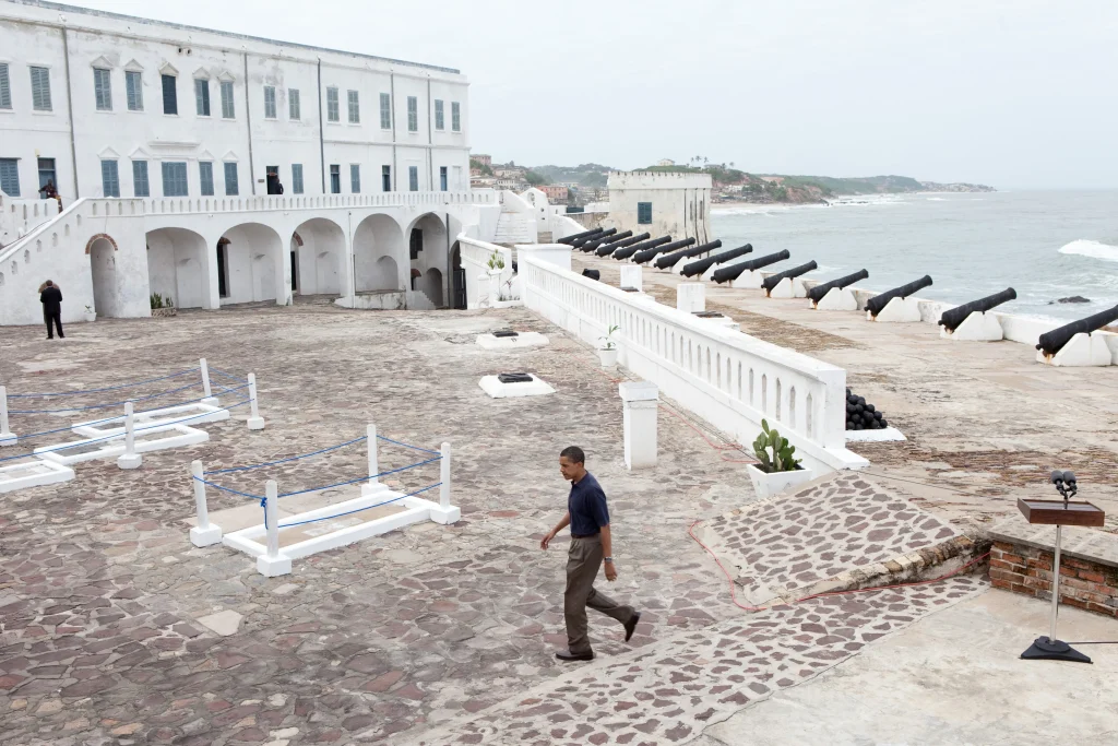 President Barack Obama finishes an address following a tour with his family of Cape Coast Castle in Ghana on July 11, 2009.