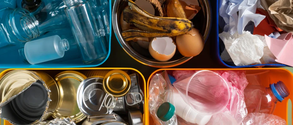 Garbage sorted into plastic, metal, organic waste and paper bins for waste management in Ghana