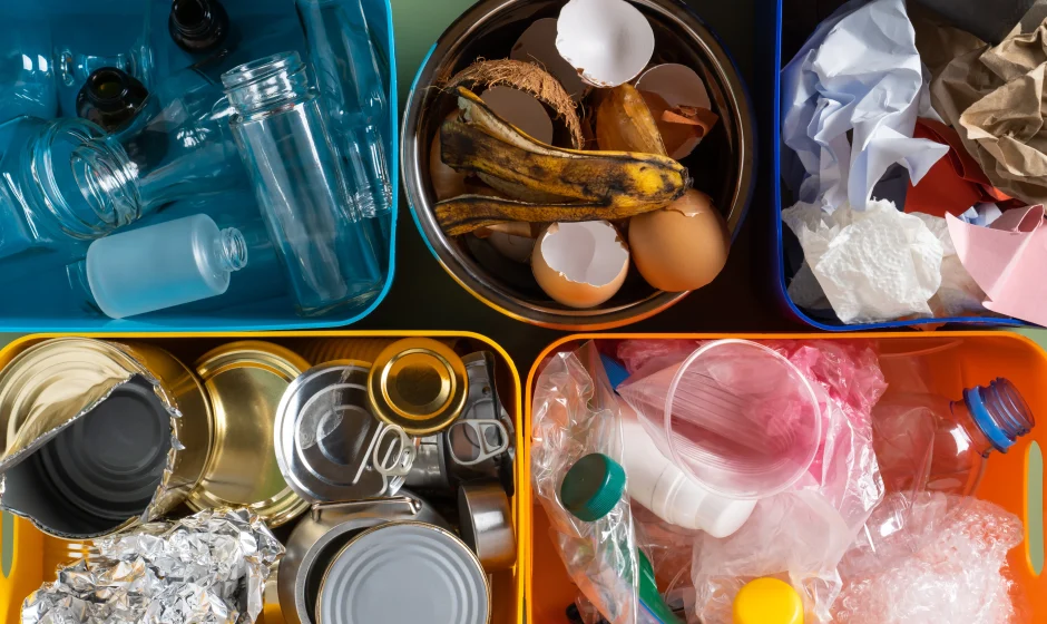 Garbage sorted into plastic, metal, organic waste and paper bins for waste management in Ghana
