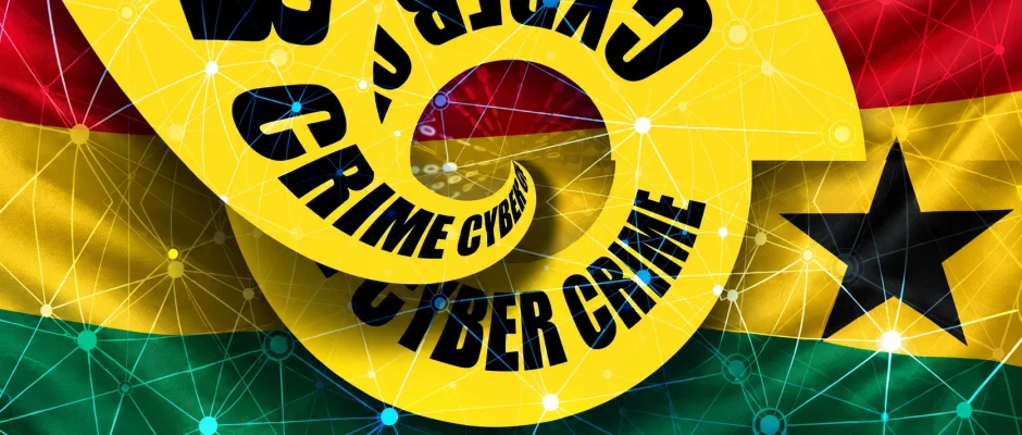 Cybercrime in Ghana with Ghana flag and online fraud network graphic