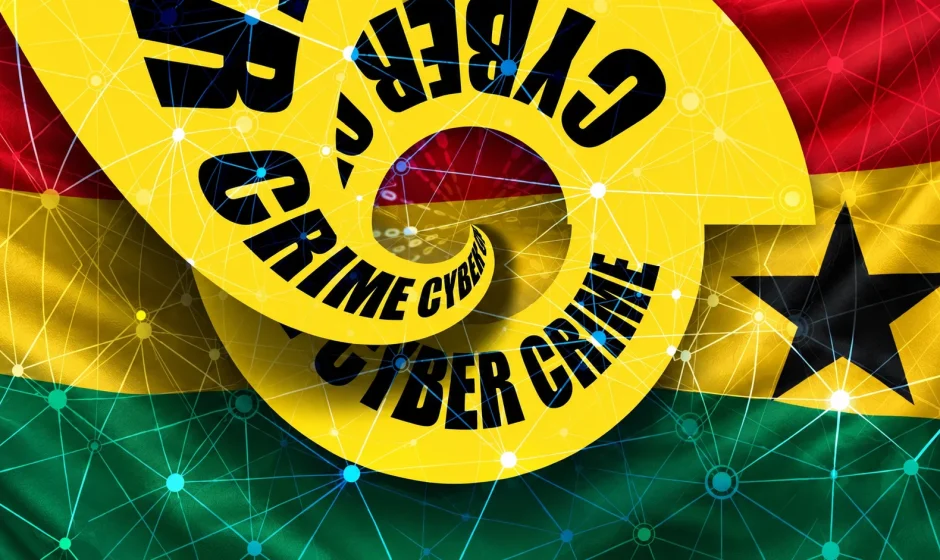 Cybercrime in Ghana with Ghana flag and online fraud network graphic